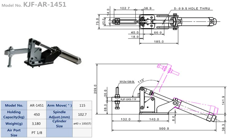 Mô tả sản phẩm kẹp khí nén loại chốt xoay kiểu hàn KJF-AR-1451