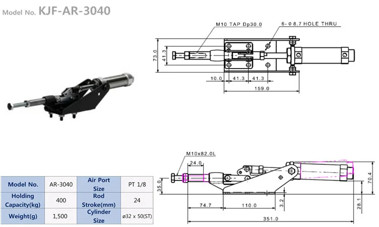 Mô tả sản phẩm kẹp khí nén loại chốt xoay kiểu hàn KJF-AR-3040